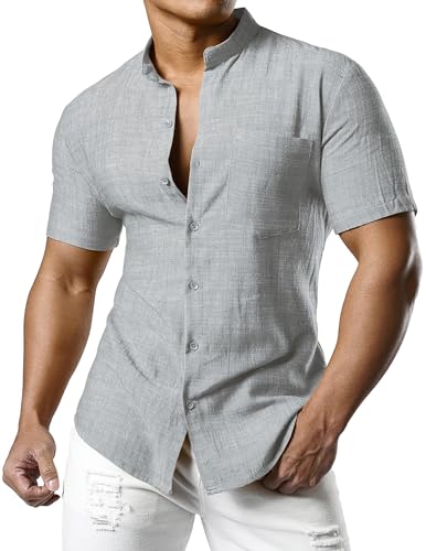 JOGAL Herren Leinenhemd Kurzarm Leinenshirt Regular Fit Sommerhemd Button Down Freizeithemd Grau XX-Large von JOGAL