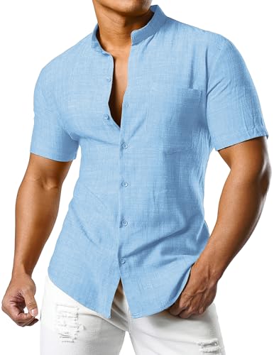 JOGAL Herren Leinenhemd Kurzarm Leinenshirt Regular Fit Sommerhemd Button Down Freizeithemd Himmelblau Klein von JOGAL