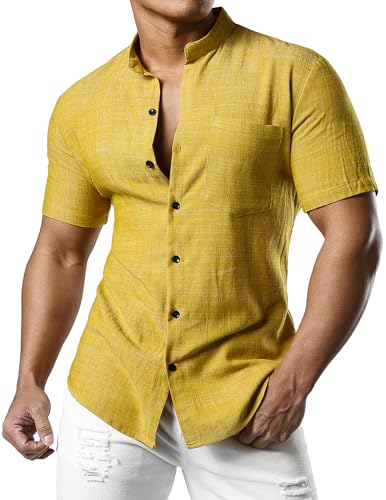 JOGAL Herren Leinenhemd Kurzarm Leinenshirt Regular Fit Sommerhemd Button Down Freizeithemd Ingwer X-Large von JOGAL