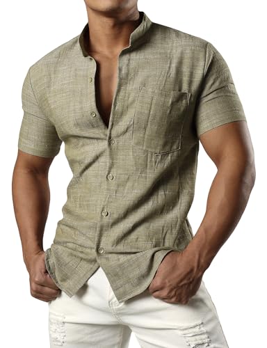 JOGAL Herren Leinenhemd Kurzarm Leinenshirt Regular Fit Sommerhemd Button Down Freizeithemd Khaki Klein von JOGAL