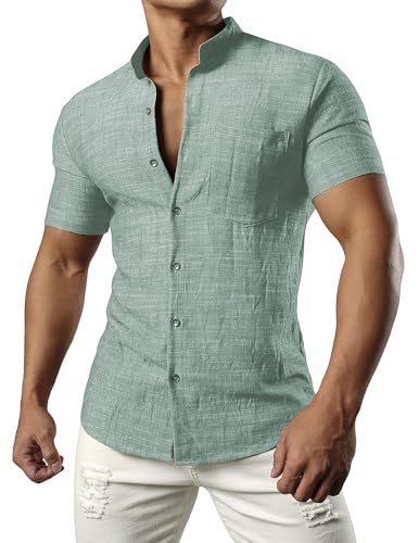 JOGAL Herren Leinenhemd Kurzarm Leinenshirt Regular Fit Sommerhemd Button Down Freizeithemd LichtGrün X-Large von JOGAL