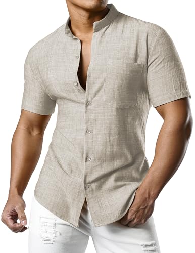 JOGAL Herren Leinenhemd Kurzarm Leinenshirt Regular Fit Sommerhemd Button Down Freizeithemd LichtKhaki Groß von JOGAL