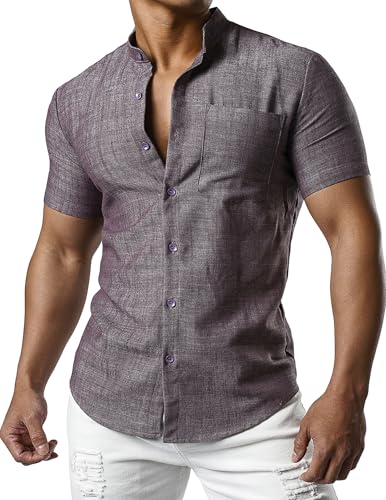 JOGAL Herren Leinenhemd Kurzarm Leinenshirt Regular Fit Sommerhemd Button Down Freizeithemd LilaGrau XX-Large von JOGAL