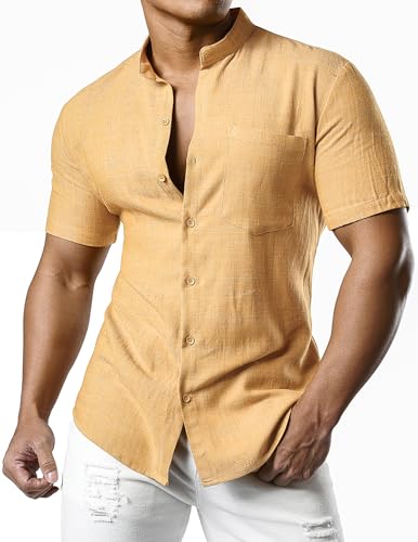JOGAL Herren Leinenhemd Kurzarm Leinenshirt Regular Fit Sommerhemd Button Down Freizeithemd Orange X-Large von JOGAL