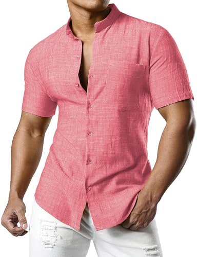 JOGAL Herren Leinenhemd Kurzarm Leinenshirt Regular Fit Sommerhemd Button Down Freizeithemd Rot XX-Large von JOGAL