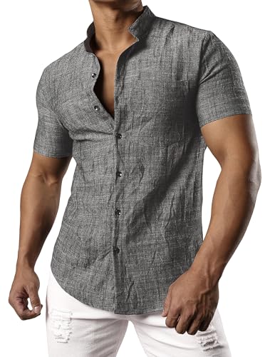 JOGAL Herren Leinenhemd Kurzarm Leinenshirt Regular Fit Sommerhemd Button Down Freizeithemd SchwarzWeiß X-Large von JOGAL
