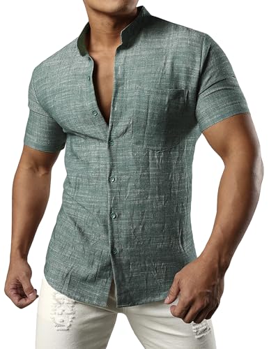 JOGAL Herren Leinenhemd Kurzarm Leinenshirt Regular Fit Sommerhemd Button Down Freizeithemd TiefGrün X-Large von JOGAL