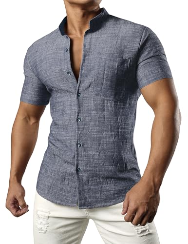JOGAL Herren Leinenhemd Kurzarm Leinenshirt Regular Fit Sommerhemd Button Down Freizeithemd Tiefblau X-Large von JOGAL