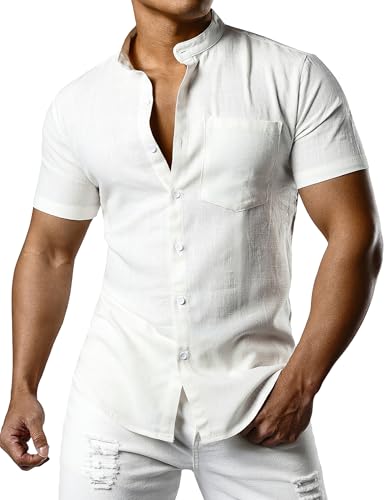 JOGAL Herren Leinenhemd Kurzarm Leinenshirt Regular Fit Sommerhemd Button Down Freizeithemd Weiß XX-Large JOGAL Herren Leinenhemd Kurzarm Leinenshirt Regular Fit Sommerhemd Button Down Freizeithemd Weiß XX-Large von JOGAL
