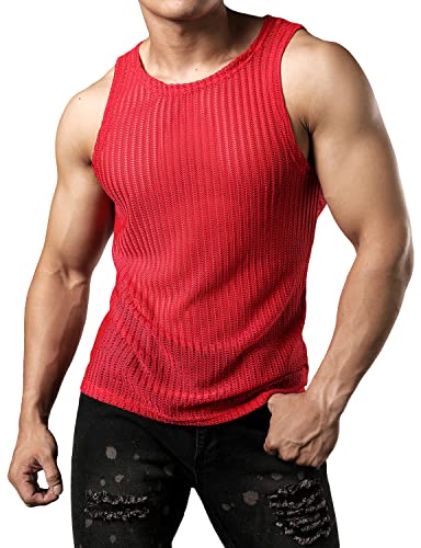 JOGAL Herren Mesh Fitted Sleeveless Muscle Tank Top Rot Groß von JOGAL