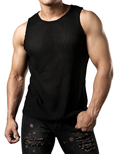 JOGAL Herren Mesh Fitted Sleeveless Muscle Tank Top Schwarz Groß von JOGAL