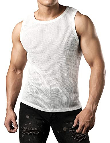 JOGAL Herren Mesh Fitted Sleeveless Muscle Tank Top Weiß Groß von JOGAL