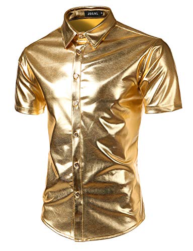 JOGAL Herren Metallic Glänzend Bronzing Nachtklub Party Hemd Klein Gold von JOGAL