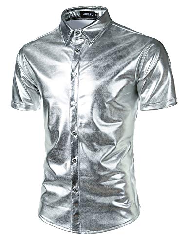 JOGAL Herren Metallic Glänzend Bronzing Nachtklub Party Hemd Klein Silver von JOGAL