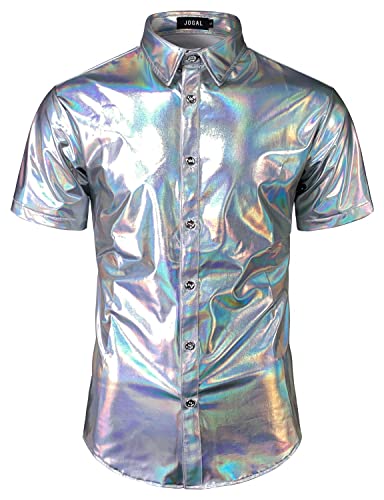 JOGAL Herren Metallic Glänzend Bronzing Nachtklub Party Hemd Silber Schimmern X-Large von JOGAL