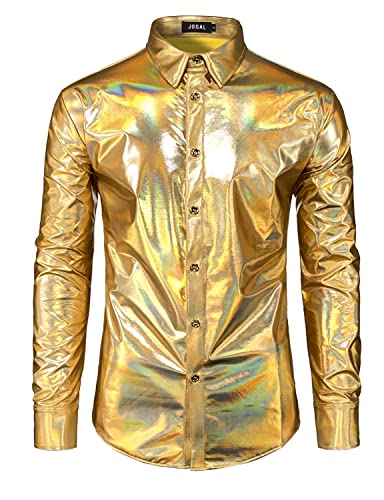 JOGAL Herren Metallic Glänzend Bronzing Nachtklub Party Langarm Hemd GoldSchimmer Groß von JOGAL