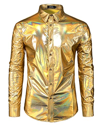 JOGAL Herren Metallic Glänzend Bronzing Nachtklub Party Langarm Hemd GoldSchimmer XX-Large von JOGAL