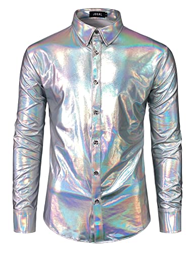 JOGAL Herren Metallic Glänzend Bronzing Nachtklub Party Langarm Hemd SilberShimmer Klein von JOGAL