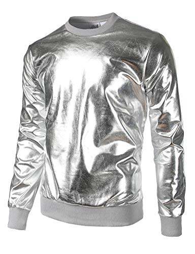 JOGAL Herren Metallic Gold Disco Shirts Nachtklub Style Hoodies Large Silber von JOGAL