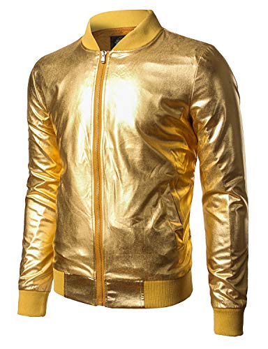 JOGAL Herren Metallic Nachtclub Reißverschluss Baseball Bomber Jacke Large Gold von JOGAL