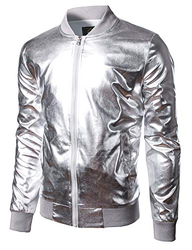 JOGAL Herren Metallic Nachtclub Reißverschluss Baseball Bomber Jacke Medium Silber von JOGAL