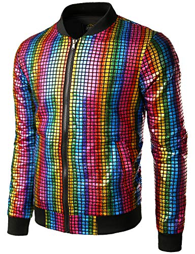 JOGAL Herren Metallic Pailletten Baseball Bomberjacke 70er Disco Party Kostüm Large Mehrfarbig von JOGAL