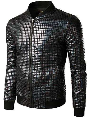 JOGAL Herren Metallic Pailletten Baseball Bomberjacke 70er Disco Party Kostüm Large Schwarz von JOGAL