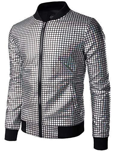 JOGAL Herren Metallic Pailletten Baseball Bomberjacke 70er Disco Party Kostüm Large Silber von JOGAL