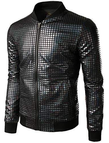 JOGAL Herren Metallic Pailletten Baseball Bomberjacke 70er Disco Party Kostüm Medium Schwarz von JOGAL