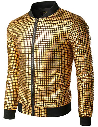 JOGAL Herren Metallic Pailletten Baseball Bomberjacke 70er Disco Party Kostüm Small Gold von JOGAL