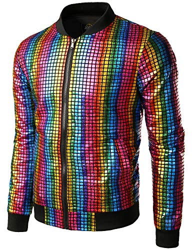 JOGAL Herren Metallic Pailletten Baseball Bomberjacke 70er Disco Party Kostüm XX-Large Mehrfarbig von JOGAL