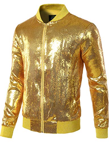 JOGAL Herren Metallic Pailletten Jacke 70er Baseball Bomberjacke Disco Nachtklub Party Kostüm Gold Klein von JOGAL