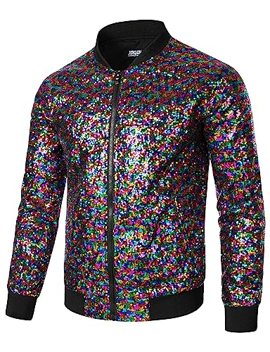 JOGAL Herren Metallic Pailletten Jacke 70er Baseball Bomberjacke Disco Nachtklub Party Kostüm Mehrfarbig Klein JOGAL Herren Metallic Pailletten Jacke 70er Baseball Bomberjacke Disco Nachtklub Party Kostüm Mehrfarbig Klein von JOGAL