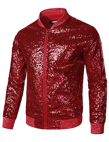 JOGAL Herren Metallic Pailletten Jacke 70er Baseball Bomberjacke Disco Nachtklub Party Kostüm Rot Groß von JOGAL