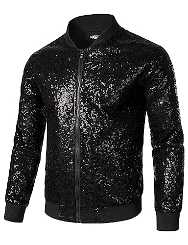JOGAL Herren Metallic Pailletten Jacke 70er Baseball Bomberjacke Disco Nachtklub Party Kostüm Schwarz Klein von JOGAL