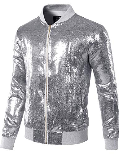 JOGAL Herren Metallic Pailletten Jacke 70er Baseball Bomberjacke Disco Nachtklub Party Kostüm Silber Klein von JOGAL