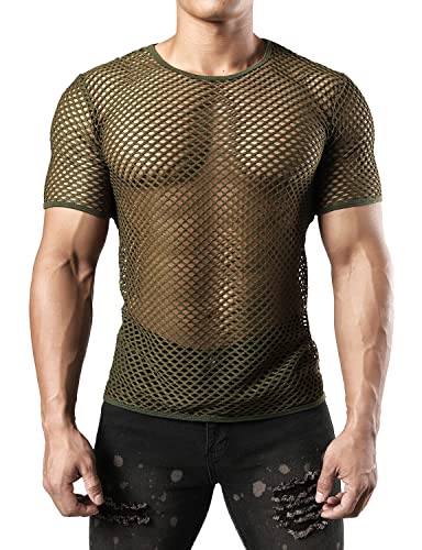 JOGAL Herren Muskel Transparent Kurzarm Shirts Netz Hemd Armee Grün Mittel von JOGAL