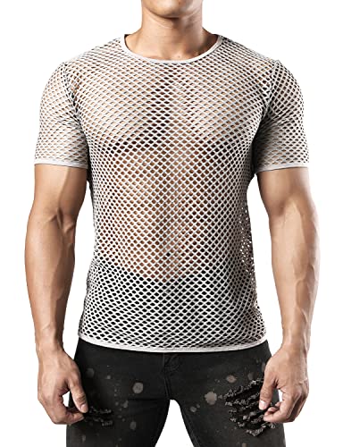 JOGAL Herren Muskel Transparent Kurzarm Shirts Netz Hemd Grau Groß von JOGAL