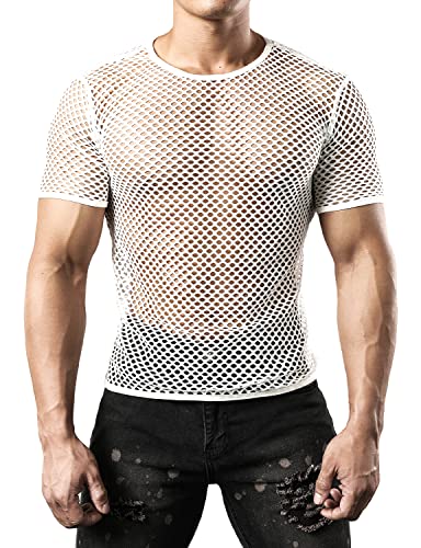 JOGAL Herren Muskel Transparent Kurzarm Shirts Netz Hemd Large Weiß von JOGAL