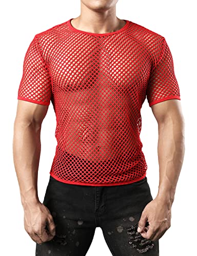 JOGAL Herren Muskel Transparent Kurzarm Shirts Netz Hemd X-Large Rot von JOGAL