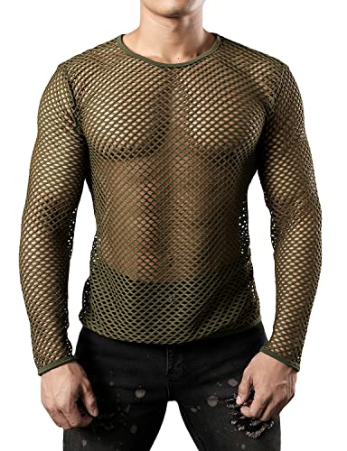 JOGAL Herren Muskel Transparent Shirts Langarm Netz Unterhemd Armee grün Groß von JOGAL