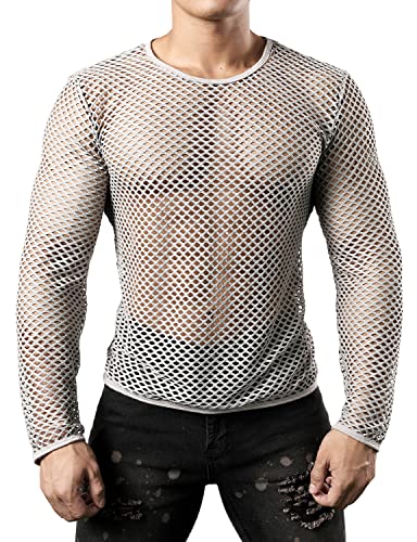 JOGAL Herren Muskel Transparent Shirts Langarm Netz Unterhemd Grau Groß von JOGAL