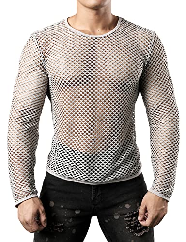 JOGAL Herren Muskel Transparent Shirts Langarm Netz Unterhemd Grau Klein von JOGAL