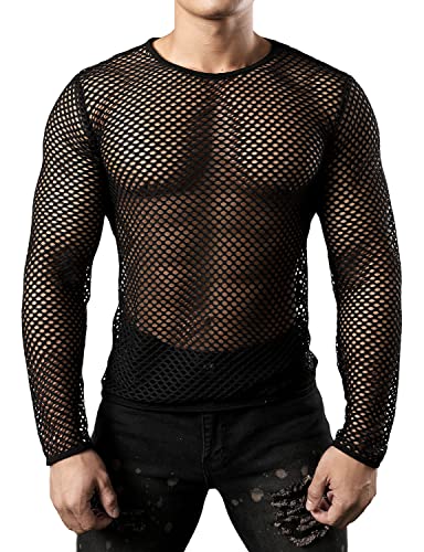 JOGAL Herren Muskel Transparent Shirts Langarm Netz Unterhemd Large Schwarz von JOGAL