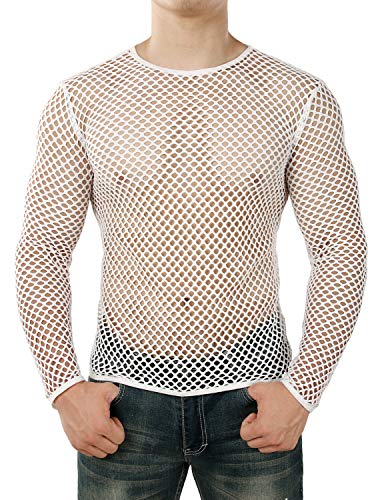 JOGAL Herren Muskel Transparent Shirts Langarm Netz Unterhemd Large Weiß von JOGAL