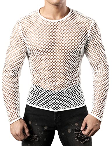 JOGAL Herren Muskel Transparent Shirts Langarm Netz Unterhemd Large Weiß von JOGAL