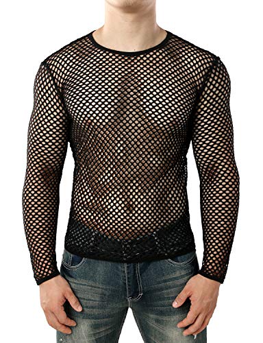 JOGAL Herren Muskel Transparent Shirts Langarm Netz Unterhemd Medium Schwarz von JOGAL