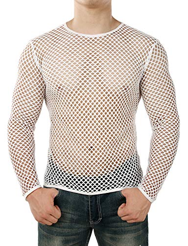 JOGAL Herren Muskel Transparent Shirts Langarm Netz Unterhemd X-Large Weiß von JOGAL