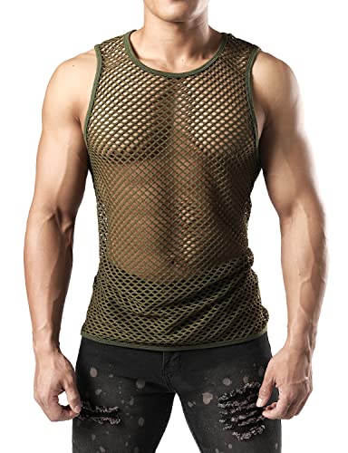 JOGAL Herren Muskel Transparent Shirts ärmellos Netz Unterhemd Armee Grün Groß von JOGAL