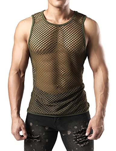 JOGAL Herren Muskel Transparent Shirts ärmellos Netz Unterhemd Armee Grün Klein von JOGAL